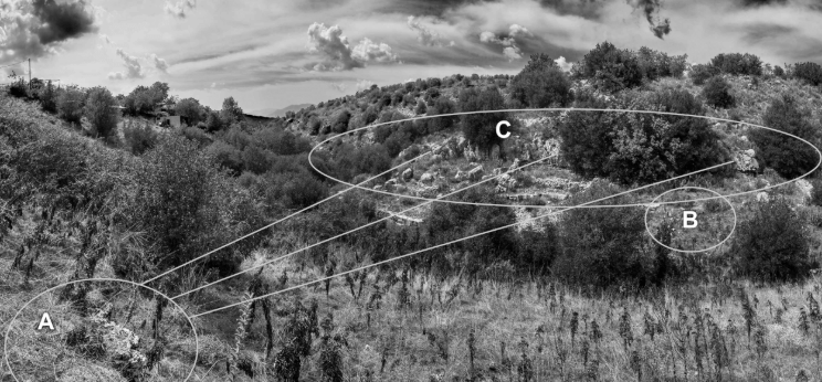 illustratie uit Lament of Epirus Chr. King : Natural musical sanctuary of Klimatia A is the seat of the docent, B is the seat of the Master, C is the line of rocks echoing the sound back to the student.